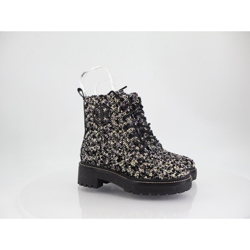 Tory Burch Miller Lug Sole Tweed & Leather Bootie Size 5 Black Women Combat Boot